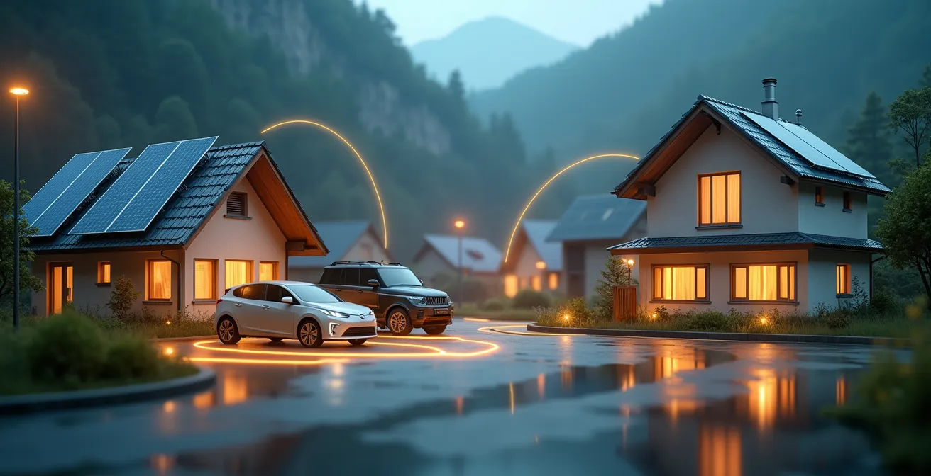 Conceptuele afbeelding van een slim energienetwerk met woningen, zonnepanelen en elektrische voertuigen