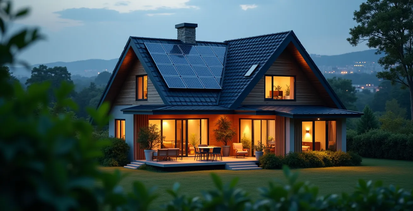 Conceptuele weergave van een moderne slimme woning met geïntegreerde duurzame technologieën en energiebesparing