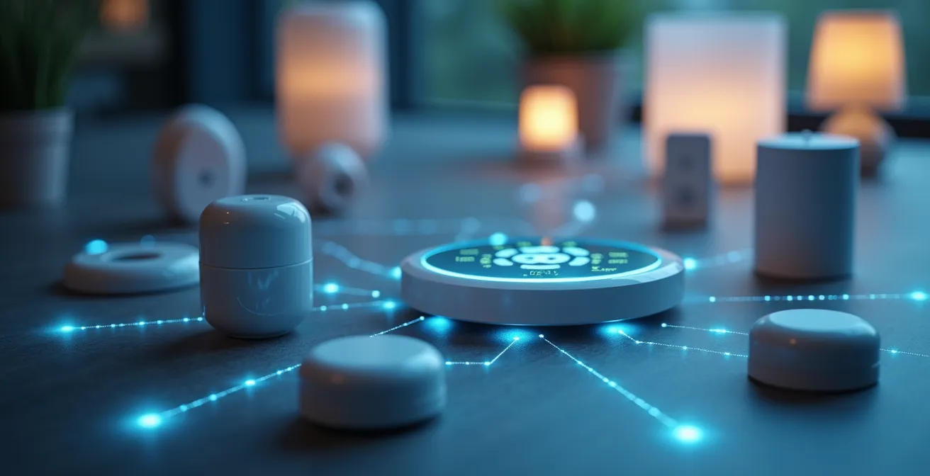 Illustratie van een geïntegreerd smart home systeem met verbonden apparaten