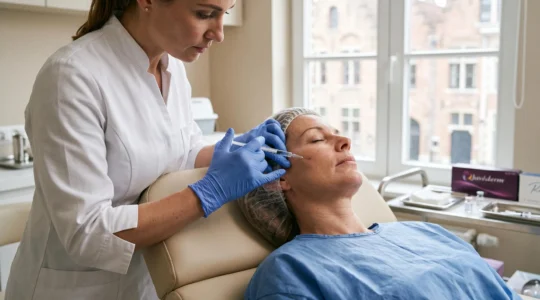 Een arts brengt een fillerinjectie aan bij een vrouw in een kliniek