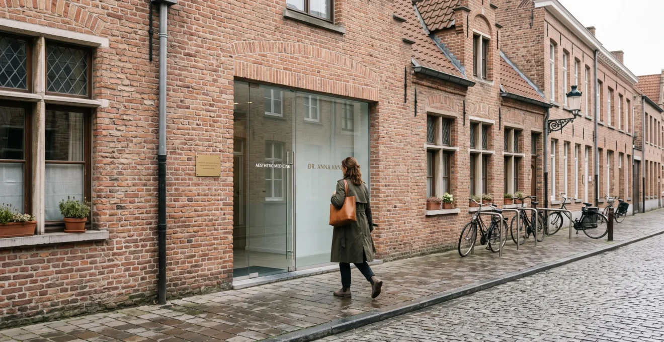 Een vrouw loopt de ingang van een esthetische praktijk in Brugge binnen